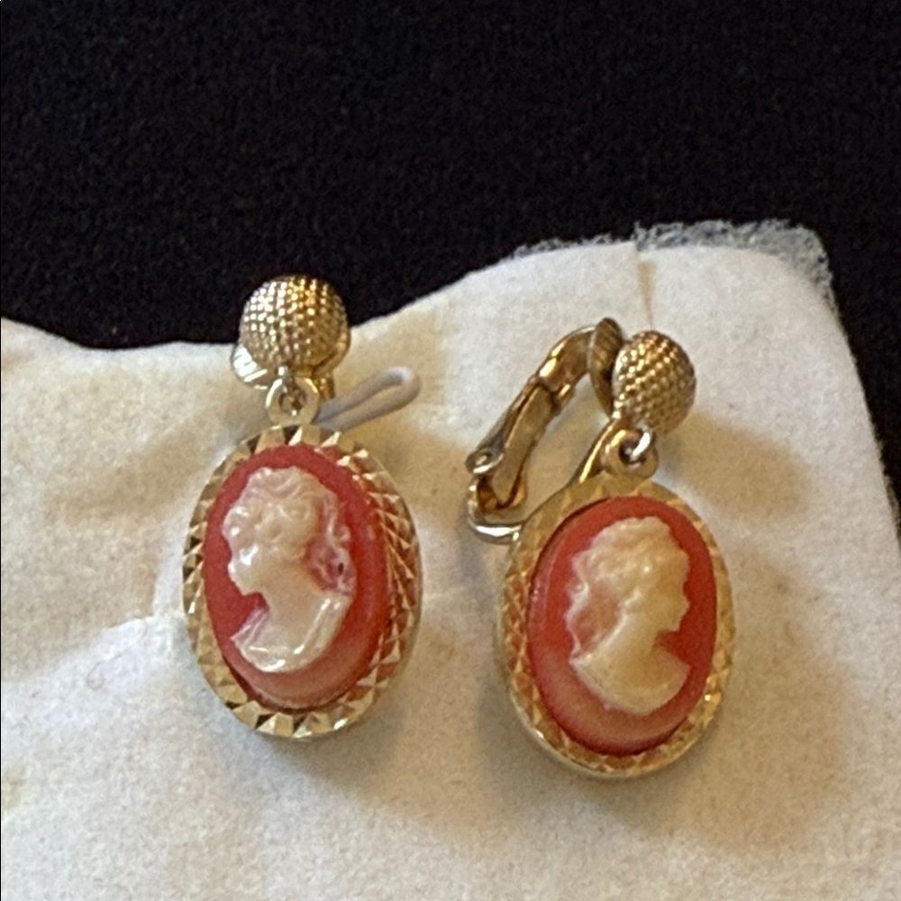 Gold and Red Cameo clip Earrings